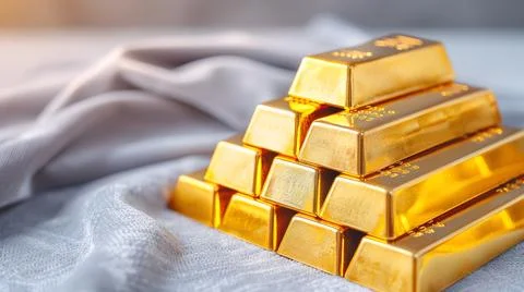A stack of shiny gold bars stacked on a soft fabric background, symbolizing w Foto stock