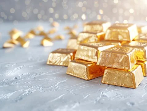 A stack of shiny gold bars on a textured surface with a festive, sparkling ba Foto stock