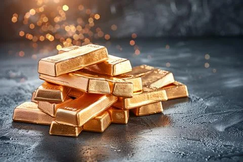 Stack of shiny gold bars on a textured surface, symbolizing wealth and invest Stock Photos