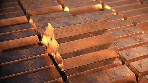Stack of shiny gold bars in a vault Video stock 344172128