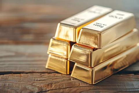Stack of shiny gold bars on a wooden surface. Symbol of wealth, investment, a Stock Photos