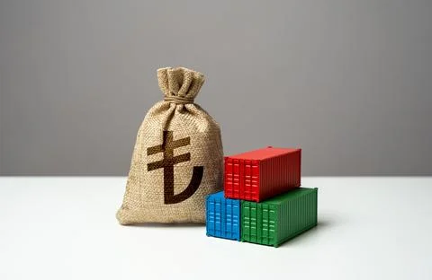 Stack of shipping containers and turkish lira money bag. Import or export. .. Foto stock