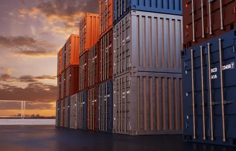 Stack of shipping containers for storage against the sunset Stock Illustration