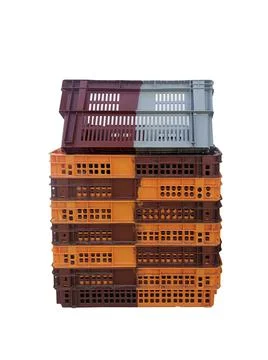 Stack of shop baskets. Plastic baskets of a grocery market Stock Photos