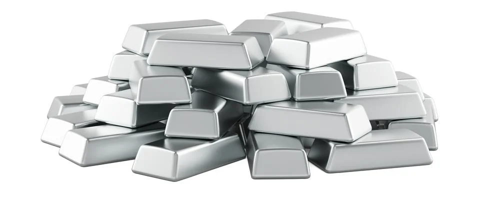 Stack of silver bullion bars. 3D rendering Stock Illustration