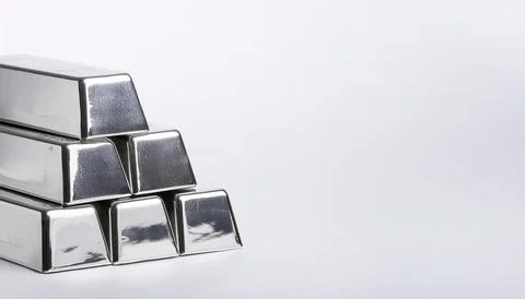 Stack of silver bullion bars. The flat, rectangular shape of silver bars ma.. Stock Photos