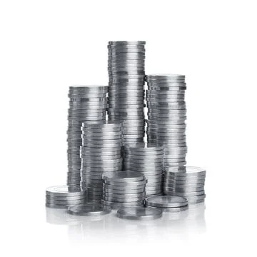 Stack of silver coins isolated on white background Stock Photos