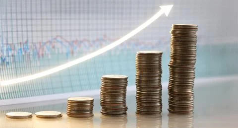 Stack of silver coins presentation at table going up Stock Photos