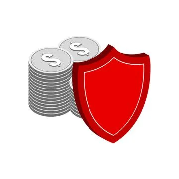 Stack of Silver Coins with Shield, Finance Protection symbol. Flat Isometric  Stock Illustration
