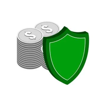 Stack of Silver Coins with Shield, Finance Protection symbol. Flat Isometric  イラスト素材
