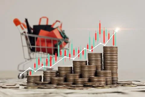 Stack of silver coins with shopping basket backgorund.financial concepts an.. Stock Photos