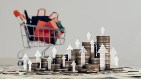 Stack of silver coins with shopping basket backgorund.financial concepts an.. 写真素材