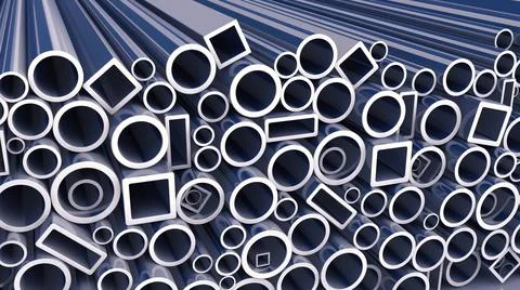 Stack of silver steel pipes on gray background Illustrazione stock