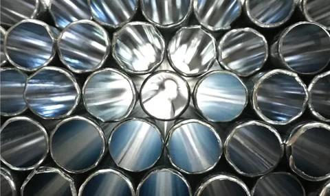 Stack of silver steel pipes Foto stock