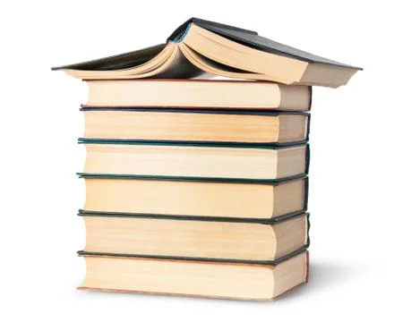 Stack of six old books with an open top rotated Stock Photos