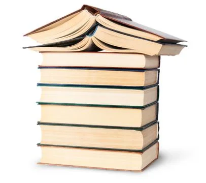 Stack of six old books with two open top rotated Stock Photos