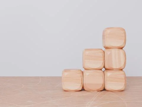 Stack of six smooth wooden cubes arranged in a rising step shape on a wooden Stock Illustration