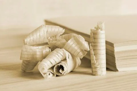 The stack sizing of paper with a symbol shaped chips of wood. The concept of  Stock Photos