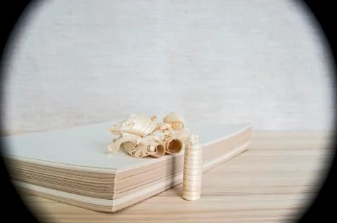 The stack sizing of paper with a symbol shaped chips of wood. The concept of  Foto stock