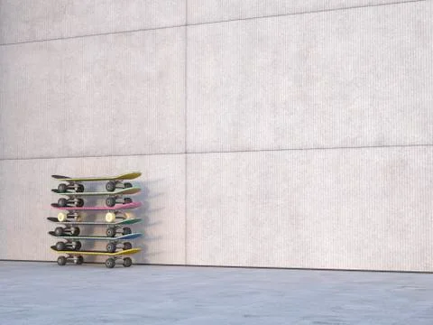 Stack of skateboards in front of concrete wall, 3D Rendering Stock Illustration