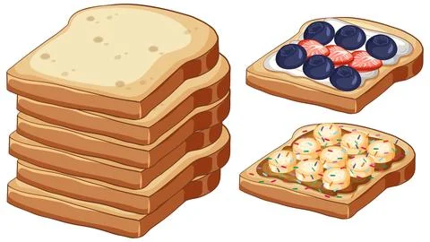 Stack of Sliced Bread and Gourmet Toasts with Fruit and Toppings Stock Illustration