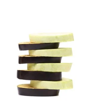  Stack of slices black eggplant. Stack of slices black eggplant. White bac... 스톡 사진
