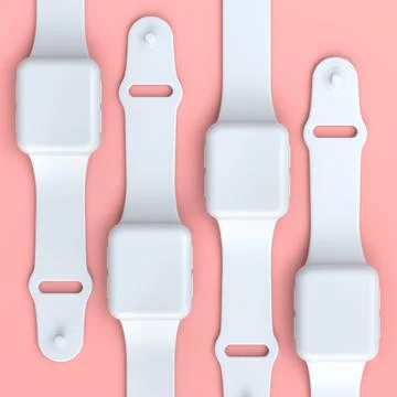 Stack of smart watches with colorful straps on pink background. Illustrazione stock