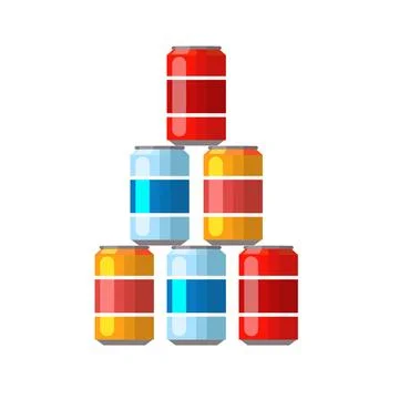 Stack of Soda in colored aluminum cans set icons Stock Illustration