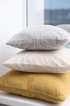 Stack of soft pillows on window sill indoors Foto stock