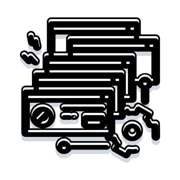 Stack of software windows with digital interface elements 库存插图