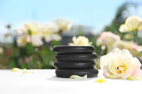 Stack of spa stones and beautiful rose on white table in blooming garden, spa Foto stock