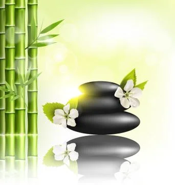 Stack of spa stones with cherry white flowers sunlight and bamboo with refl.. Stock Illustration