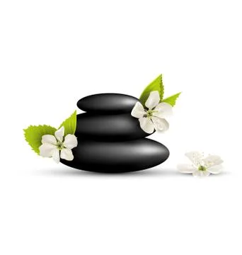 Stack of spa stones with cherry white flowers isolated on white Stock Illustration