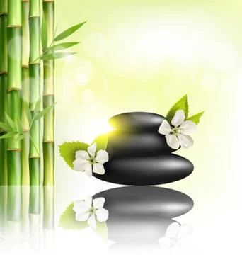 Stack of spa stones with cherry white flowers sunlight and bamboo with refl.. Stock Illustration
