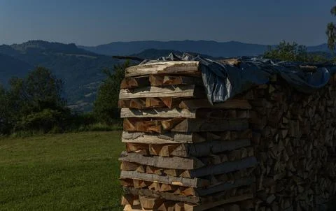 Stack of split firewood in a mountain meadow with scenic countryside landscape Foto stock