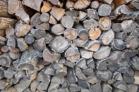 Stack of split logs in a woodpile. Fotos Stock