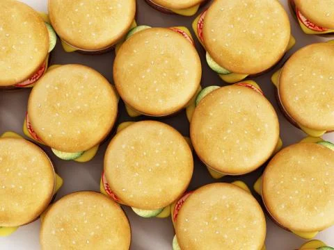 Stack of standard sized hamburgers background. 3D illustration Stock Illustration