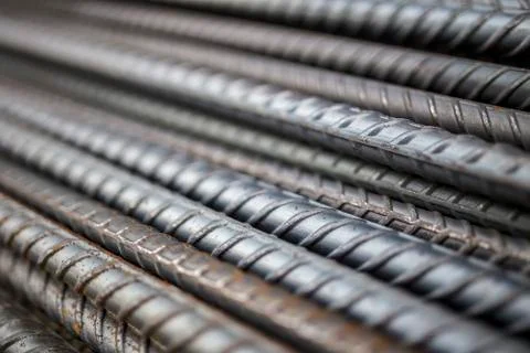 Stack of steel bar texture in construction site for background. Stock Photos