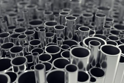 Stack of steel pipes with depth of field effect. 3d illustration Ilustración de archivo