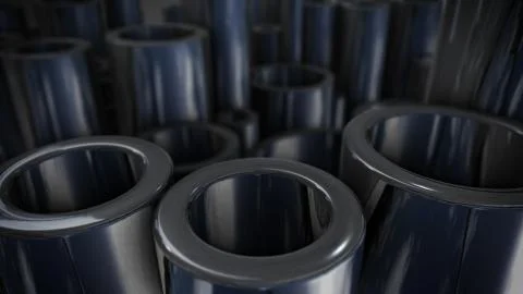 Stack of steel pipes with reflections. 3d rendering Stock Illustration