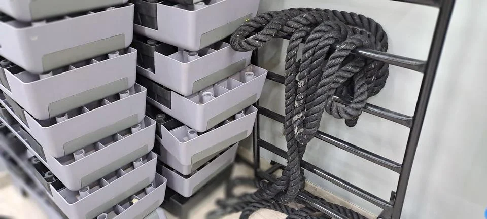 Stack of step platforms and gym rope hanging on wall bars in gym for fitnes.. Stock Photos