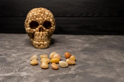 A stack of stone runes. Magic runes lie on a old grey background Foto stock