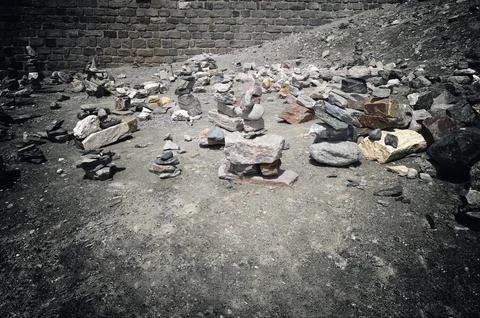 Stack of stones on top of the mountain arranged for meditation. Stock Photos