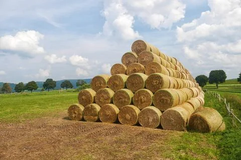 Stack of straw bales - round straw bales stacked in a pyramid, on a field ... Stock Photos