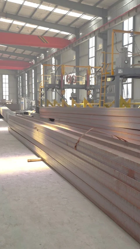 Stack of Structural Steel Beams in Modern Metal Fabrication Factory Warehouse Stock Footage 339384524