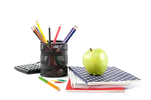 Stack stylish notebook, pen and calculator Office or school supplies. Stock Photos