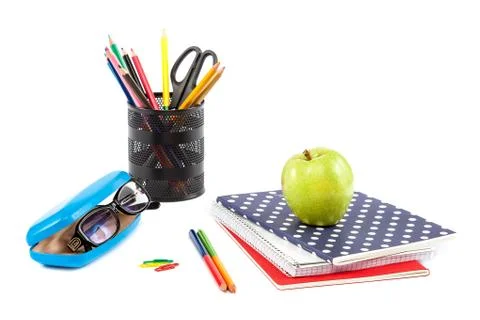 Stack stylish notebook, pen and glasses Office or school supplies Stock Photos