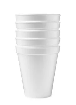 Stack of styrofoam cups on white background Foto stock
