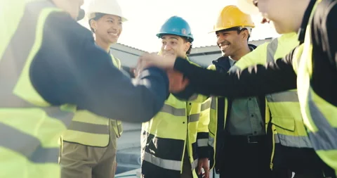 Stack, success and construction team with hands together for progress, building Stock Footage 345643745