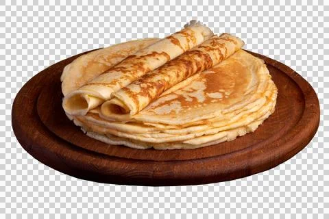 Stack of sweet homemade thin pancakes (crepes) on brown wooden board Stock Photos